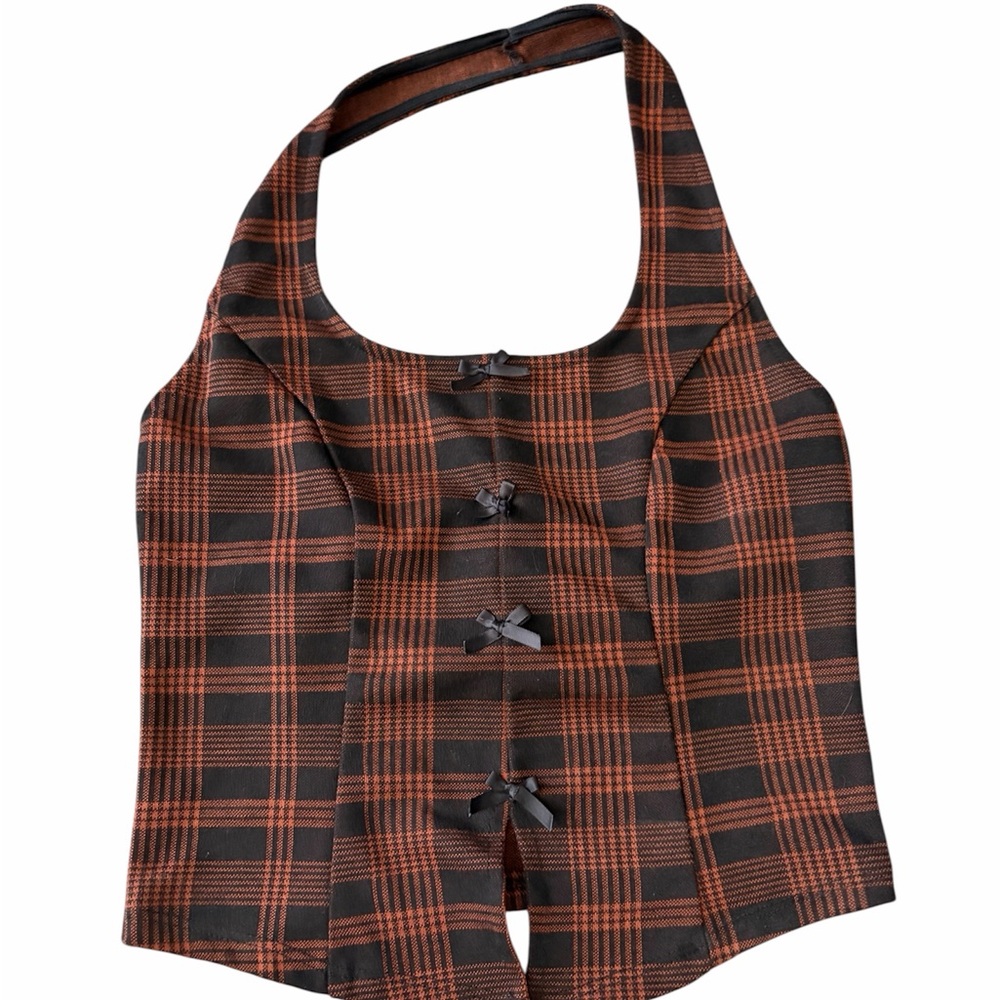 Kohl's Black and Orange Plaid Halter Top